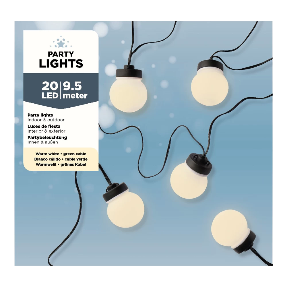 Lumineo Budget Feestverlichting Lichtsnoer - Bolvorm - 950cm - 20 LEDS - Warm Wit