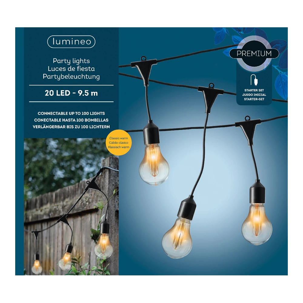 Lumineo Feestverlichting Lichtsnoer - Classic Vorm - 950cm - 20 LEDS Groot - Klassiek Warm