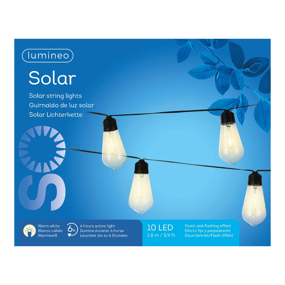 Lumineo Solar Feestverlichting Lichtsnoer - Flashing Effect - 180cm - 10 LEDS - Warm Wit