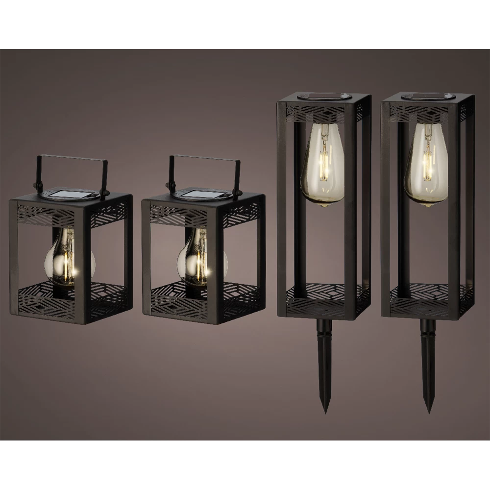 Lumineo Solar Set Met Tuinlamp En Lantaarn - LED - D10.5 X H80cm - Zwart - 4st. - Afbeelding 2